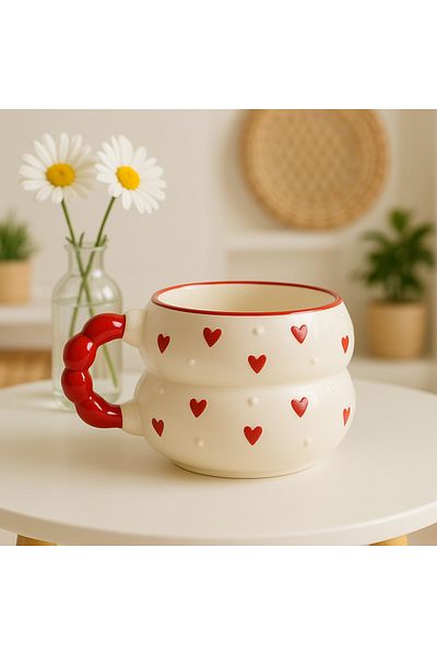İZart Bead Handle Double Pointed Heart Patterned Special Embossed Hand Embroidered Ceramic Mug