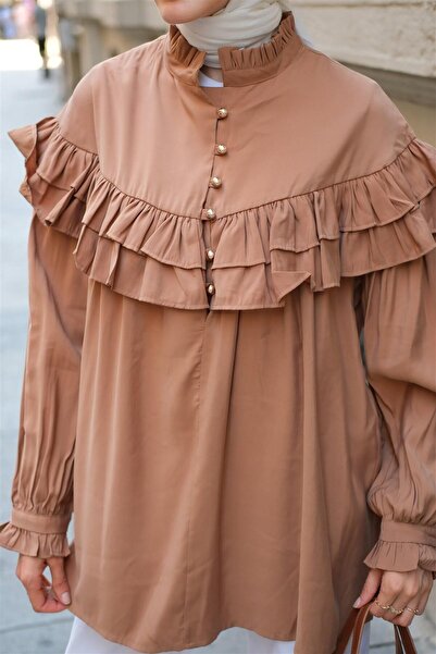 LOCCO Women's Brown Ruffle Shirt