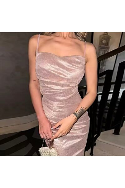 RED VELVET İnce Askılı Simli Elbise