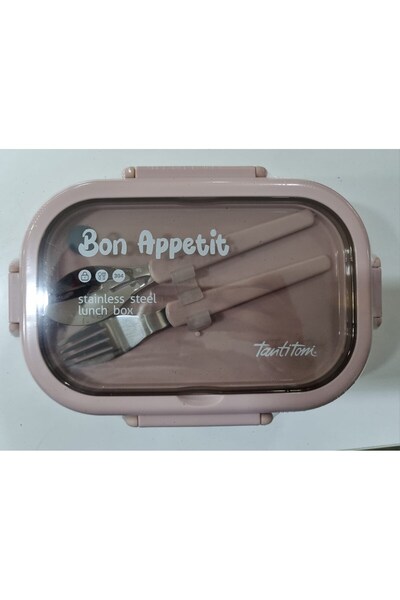 Tantitoni Pink Stainless Steel Rectangular Food Carrying Container with Fork and Spoon 850ml