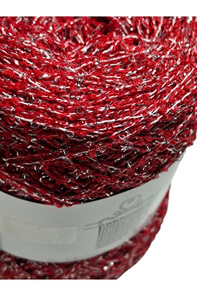 Ece Örgü Tasarım Atölyesi Kendinden gümüş simli, kırmızı italyan koton buklet el örgü ipi (200 gr.)