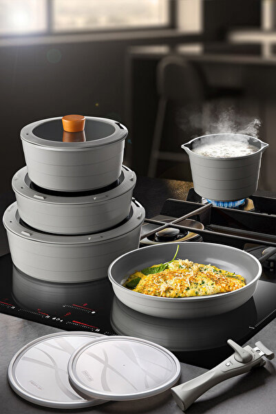 NEOFLAM Midas Gray 11-Piece Detachable Handle Nesting Induction Pot Pan Set