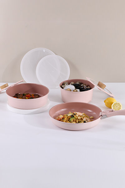 NEOFLAM Midas Pink 9-Piece Detachable Handle Nesting Induction Pot Pan Set
