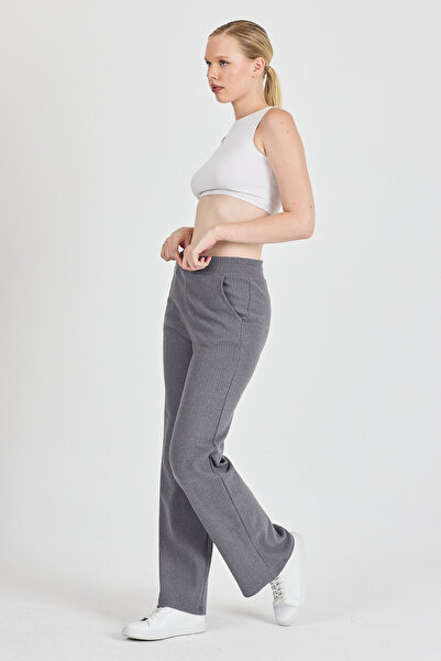 COMEOR Kadın Füme Yüksek Bel Bol Paça Kaşkorse Fitilli Cepli Pantolon Eşofman Altı