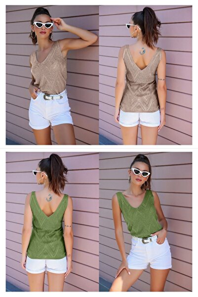 TRQOM Γυναικεία μπλούζα με λαιμόκοψη V μπροστά πίσω με αμάνικο λουράκι με λεπ...