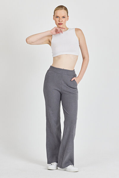 COMEOR Kadın Füme Yüksek Bel Bol Paça Kaşkorse Fitilli Cepli Pantolon Eşofman Altı