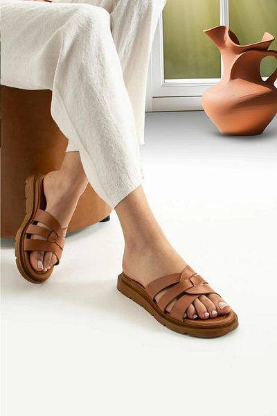 AYOOLS Genuine Leather Knitted Detailed Minimalist Casual Modern Women's Slippers Snn602