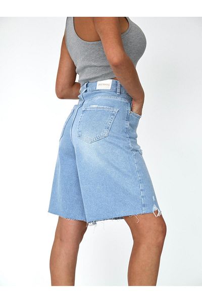XBELLA DENİM Women's Long Bermuda Denim Shorts Ripped Detailed Midi Length