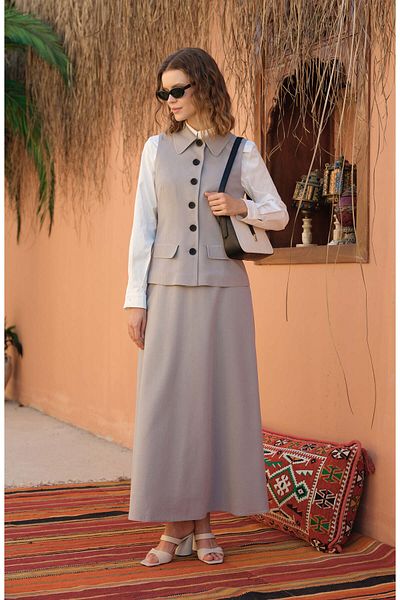 Fatma Atasoy Linen Gray Flared Skirt