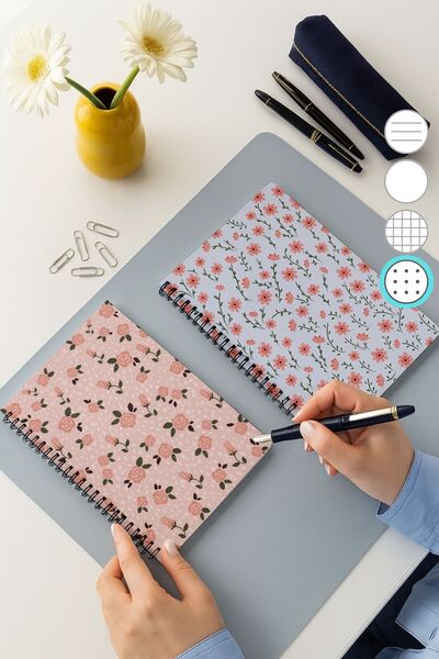 Eldesen Tasarım 2'li Noktalı Defter Seti, A5 Boyutunda 50 Yaprak 100 Sayfa 2'li Set, Pembe Çiçek