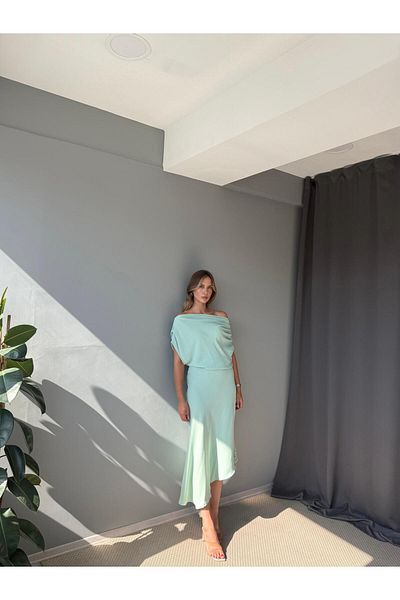 AlisaSu Women's Mint Draped Asymmetrical Dress with Gathered Detail on the Shoulders