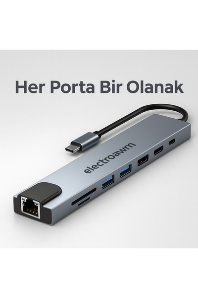 electroawm Macbook Pro Air İçin USB Type-C Hub Dönüştürücü 8 in 1 Çoklayıcı