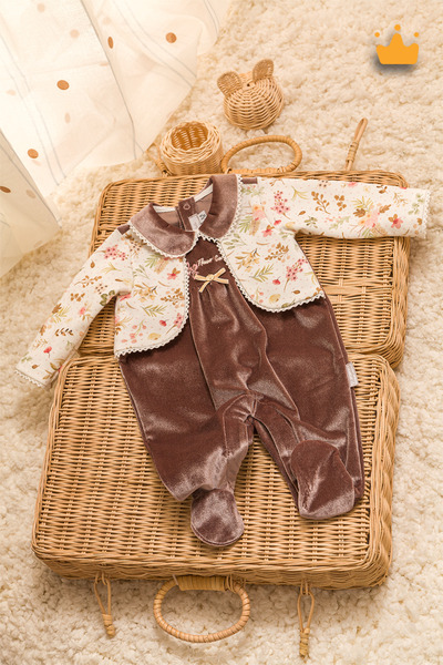 Babydola 0-12 Ay Retro Ceketli Görünümlü Kadife Patikli Kız Bebek Hediyelik N...