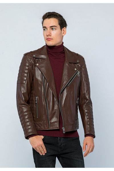 Basics&More Men's Biker Genuine Tea Leather Jacket - E6735