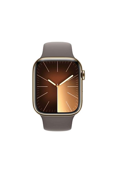 Apple ساعة سيريز 9 بنظام تحديد المواقع العالمي (GPS) وشبكة خلوية، 45 مم، علبة من الفولاذ المقاوم للصدأ باللون الذهبي، مع سوار رياضي من الطين - مقاس صغير/متوسط