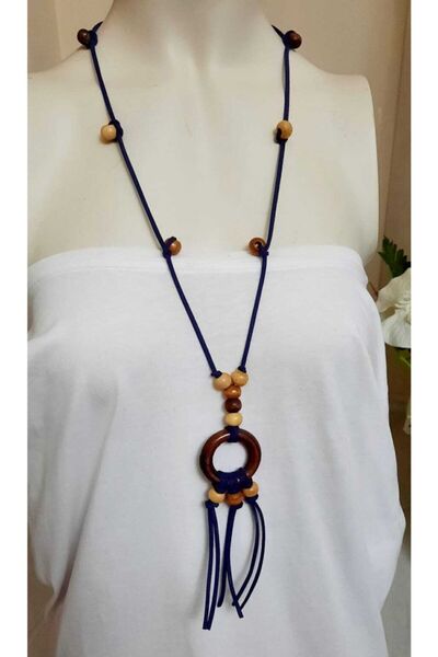 Generic Brand Bohemian Authentic Wooden Ring Necklace Navy Blue