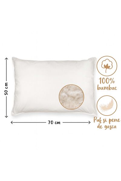 Boema Home Deco Set 2 perne cu puf de gâscă și pene, fermitate mare, 1500 g, 50x70 cm, alb, Boema Home