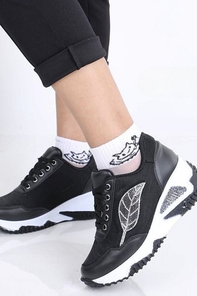 OBAY LİFE Women's Plain Black Skin Leaf 7 cm Hidden Heel Orthopedic Sports Shoes Nbr4110