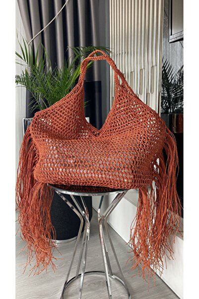WOMANBAG Kiremit Rengi El Yapimi Püsküllü Salaş Hasir Tasarim Plaj Çantasi