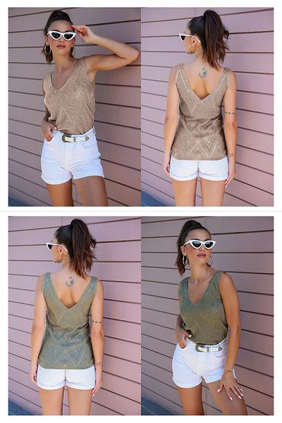 citystyle Bluză pentru femei, față, spate, cu decolteu în V, fără mâneci, cu detaliu de sclipici, pachet de 2 bluze Mink-Khaki