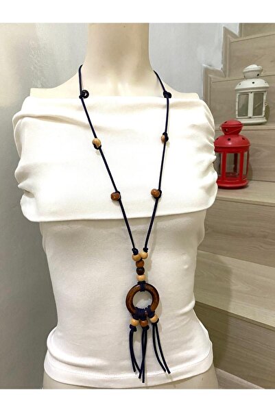 canan dizayn Bohem Otantik Ahşap Halka Kolye Koyu Lacivert