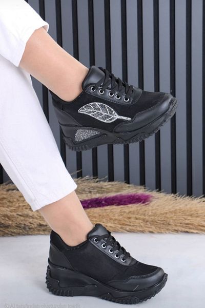 OBAY LİFE Women's Black White Skin Leaf 7 cm Hidden Heel Orthopedic Sports Shoes Nbr4110