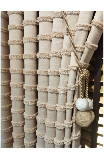 CY HOME Püsküllü Fon Sütlü Kahve Rengi Keten 1X3 Sık Pile Toplu Braçol Bağlam...