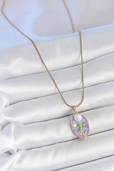 Celira Steel Gold Color Chain Purple Enamel Oval Pearl Flower Embroidered Portrait Model Women's Necklace