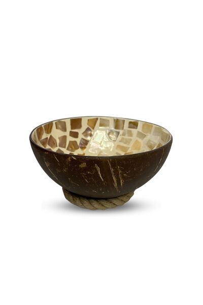 Coconut Products 2 Pieces Yoga Design Mother of Pearl Coated Coconut Bowl & Wicker Bowl Mat - Snack Bowl
