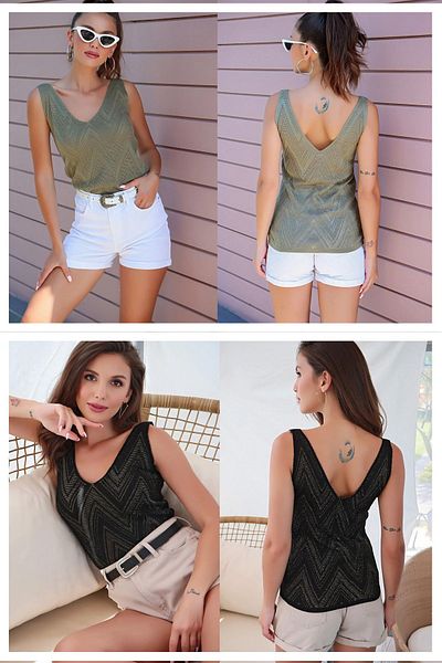 citystyle V-neck Sleeveless Glitter Women's Blouse - Pack of 2 Khaki-black