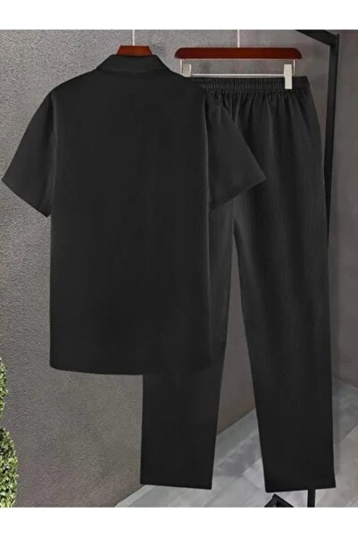 Fifty Color Men's Black Short Sleeve Shirt and Pants Wrinkle Crinkle Suit