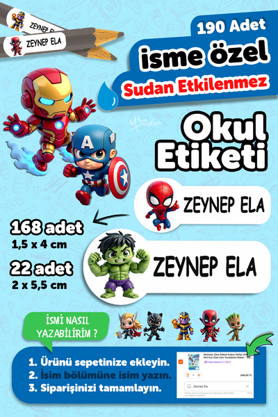 MSticker Okul Etiketi Kalem Defter isimli Etiket Isim Yazılabilen Marvel - 19...