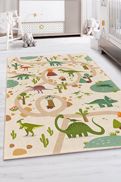 Realhomes Dinozor Temalı Yıkanabilir Kaymaz Taban Çocuk Odası Halısı