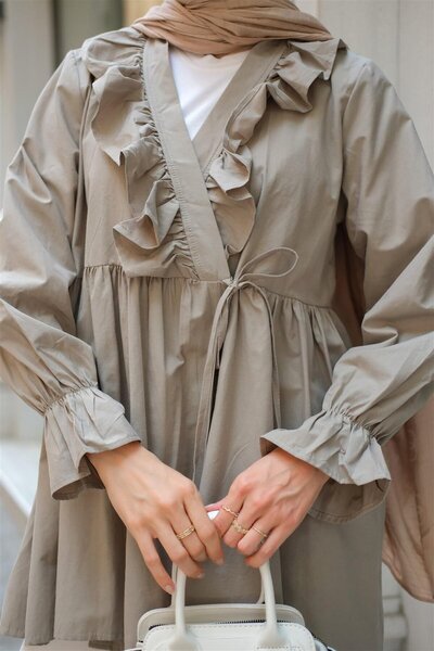 LOCCO Gray Hijab Tunic - Side Tie and Ruffle Detail