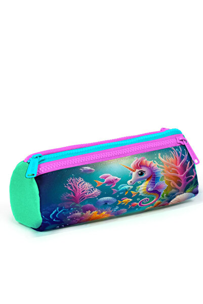 Coral High Mavi Su Yeşili Denizatı Desenli Üç Bölmeli Kalem Çantası 22088