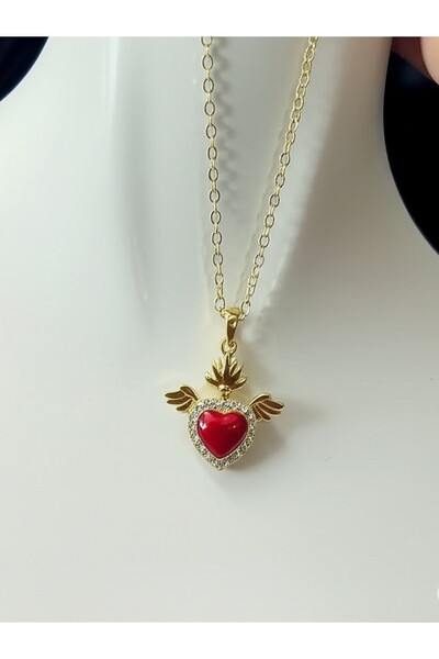 KANERUZ قلادة على شكل قلب أحمر مجنح من حجر الزركون الصلب