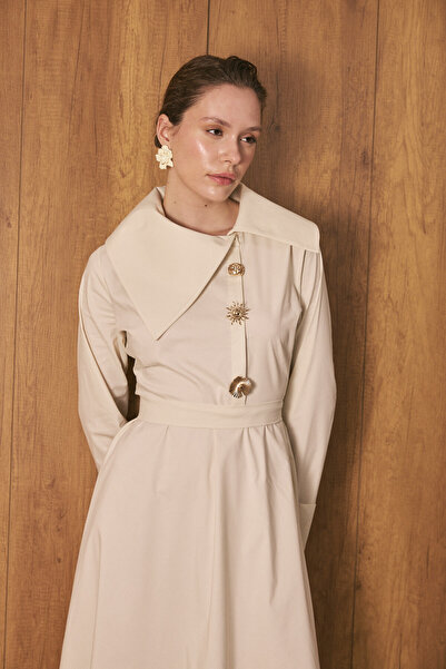 EMNORA Broş Detaylı Asimetrik Yaka Poplin Elbise Taş