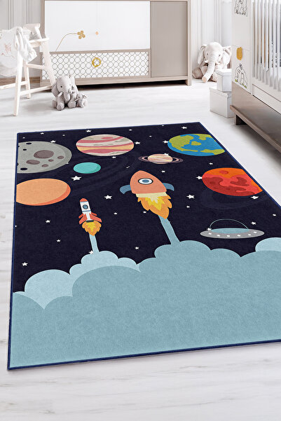 Realhomes Uzay Temalı Kaymaz Tabanlı Çocuk Odası Halısı - Yıkanabilir Dikdört...