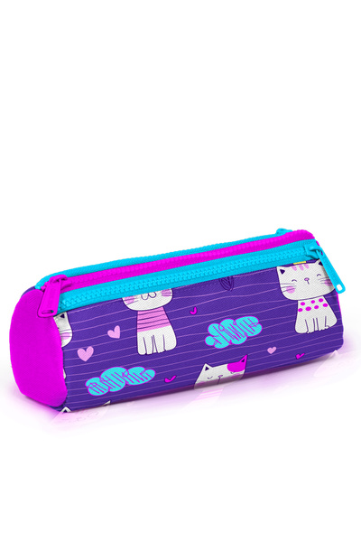 Coral High Kids Purple Cat Patterned Three Compartment Pencil Bag 22304