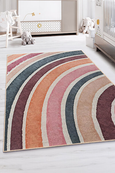 Realhomes Canlı Renklerle Çizgili Desenli Yıkanabilir Kaymaz Taban Çocuk Odas...