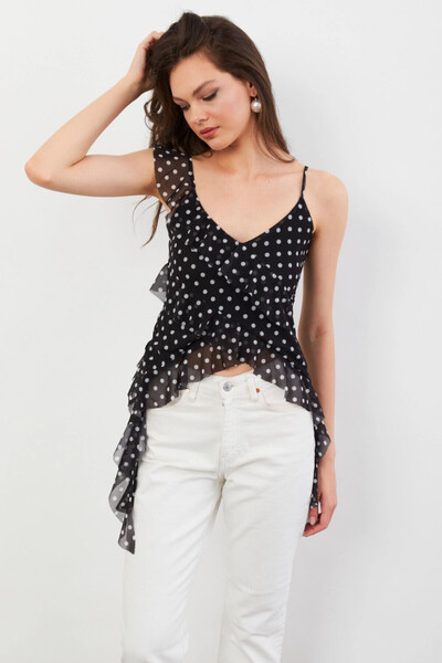 Cool & Sexy Γυναικεία μπλούζα σιφόν με βολάν με μοτίβο πουά μαύρο-εκρού FS033