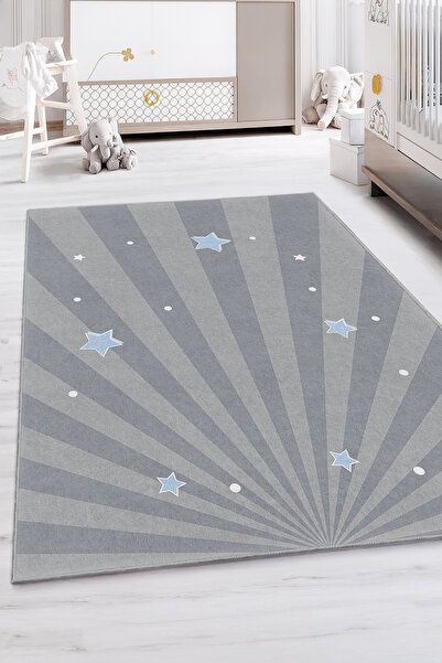 Realhomes Mavi Yıldız Desenli Yıkanabilir Kaymaz Taban Çocuk Odası Halısı
