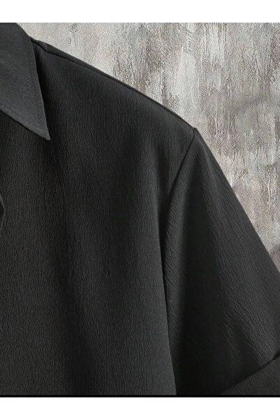 Fifty Color Men's Black Short Sleeve Shirt and Shorts Wrinkle Crinkle Suit