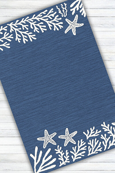 The Reef Design Mercan ve Denizyıldızı Desenli Halı Dijital Baskılı Dokuma Kaymaz Tabanlı Deniz Temalı Yazlık Halısı