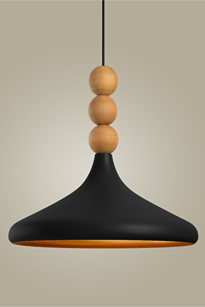 AmberLED Stella Ahşap Boncuk Detaylı Tekli Siyah-Gold Sarkıt Aydınlatma, Meta...