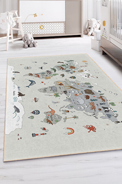 Realhomes Hayvan Temalı Dünya Haritası Desenli Çocuk Odası Yıkanabilir Kaymaz...