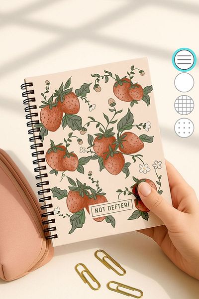 Eldesen Tasarım A5 Spiral Line School Notebook, 50 Sheets 100 Pages, Cardboard Cover Notebook, Strawberry