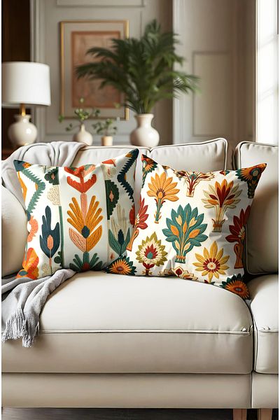 CANİLA Embroidery Floral Patterned Double Sided Digital Printed Throw Pillow Cover. Soft Throw Pillow Cover