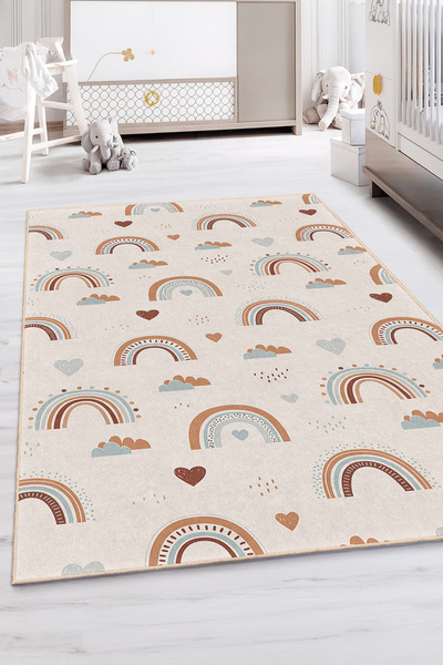 Realhomes Gökkuşağı Desenli Yıkanabilir Kaymaz Taban Halı - Çocuk Odası Halısı