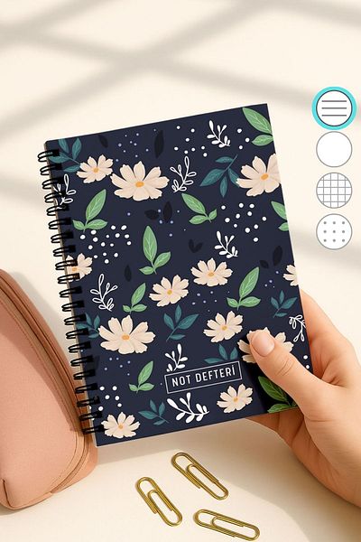 Eldesen Tasarım A5 Spiral Line School Notebook, 50 Sheets 100 Pages, Cardboard Cover Notepad, White Floral